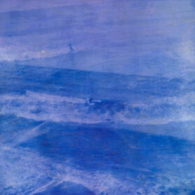 Blue Gypsy Surfers, 32x32 inches, polaroid photo & encaustic wax, float framed