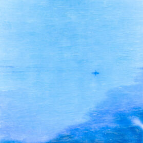 Blue Surfer Apparition, 32x32 inches, polaroid photo & encaustic wax, float framed