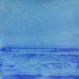 Two Blue Surfers, 32x32 inches, polaroid photo & encaustic wax, float framed