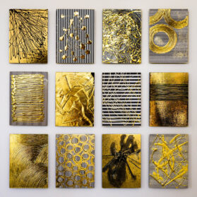 Collective Chemistry: Pulse, set of 12, 7x5 inches each, gold foil on mohawk paper mounted to sintra panel, 2020, SOLD