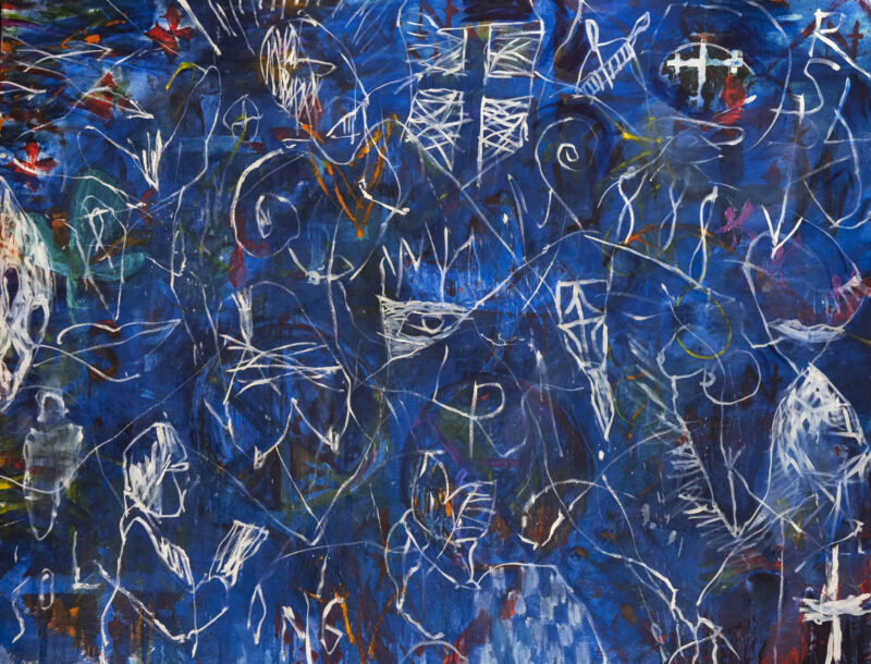 New Blue, 50x70, oil paint, enamel, oil stick on canvas, 2020